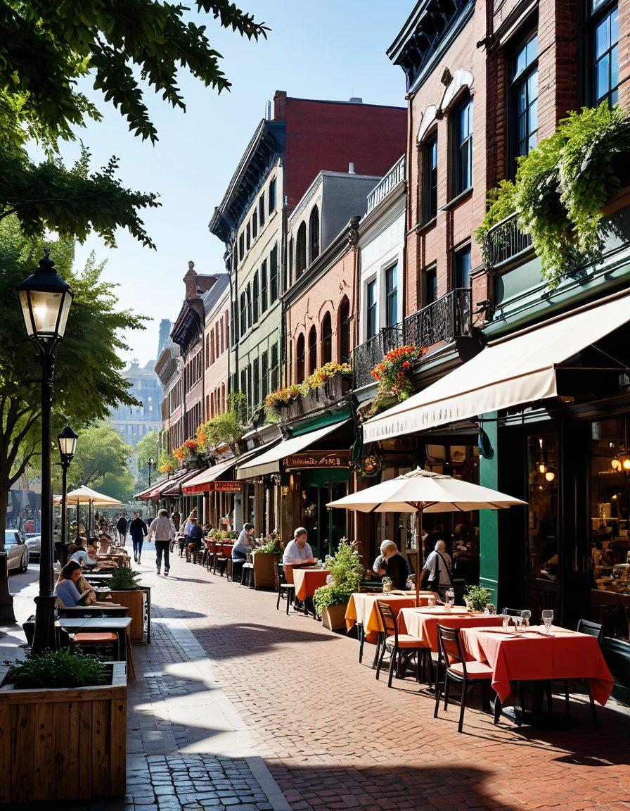 A picturesque urban-scape featuring a blend of charming vintage and modern buildings, bustling marketplaces, and serene parks. Highlight hidden cozy cafes, quaint boutiques, and lively community interactions. Incorporate vibrant elements of daily life like street musicians and local vendors. All set against the backdrop of a dynamic skyline. super-realistic. vibrant colors. white background.