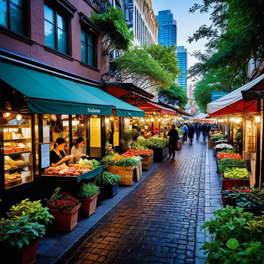 A bustling, colorful cityscape filled with a mix of modern skyscrapers and charming historic buildings, bathed in warm, golden sunlight. The streets are alive with people, vibrant markets, greenery, and cozy cafes, showcasing a perfect blend of charm and vibrancy. super-realistic. vibrant colors. warm atmosphere.