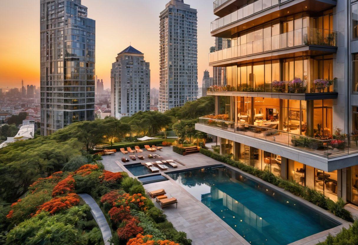 A stunning cityscape with luxurious high-rise buildings gleaming against a sunset sky, upscale residences with lush gardens, and bustling community spaces where people are interacting joyfully. Showcase both sleek modern architecture and charming historic homes, blending urban vibrancy and serene retreats. super-realistic. vibrant colors. panoramic view.